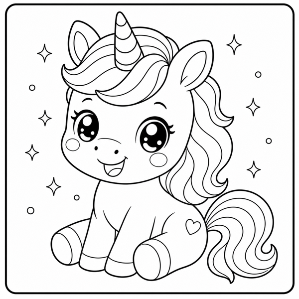Unicorn coloring page in kawaii style