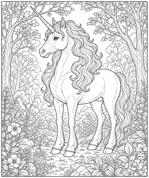 Unicorn coloring page in realistic style for adults