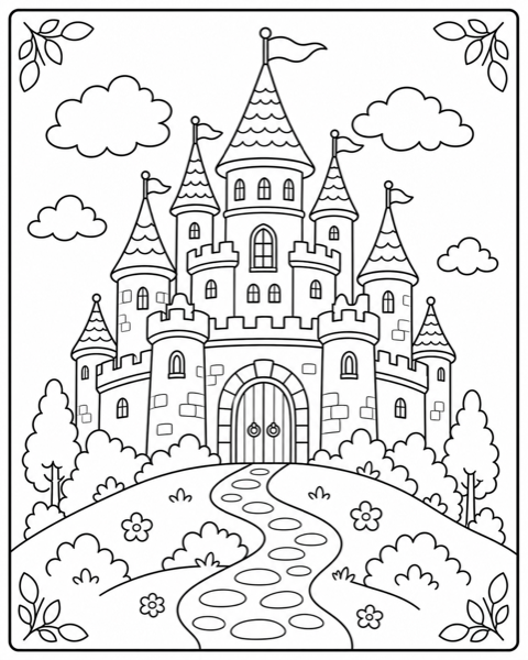 Free castle coloring page example — AI generated line art