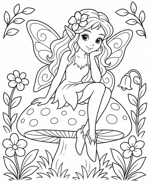 Free fairy coloring page example — AI generated line art