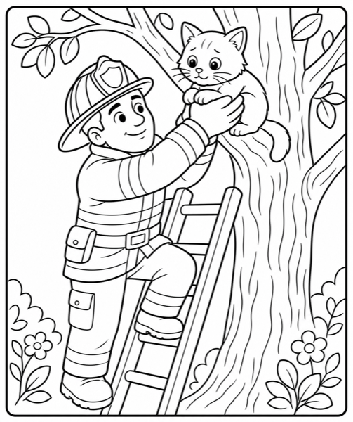 Free firefighter coloring page example — AI generated line art