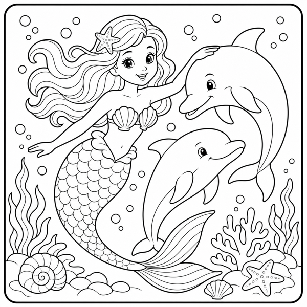 Free mermaid coloring page example — AI generated line art
