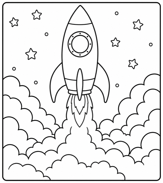Free rocket coloring page example — AI generated line art