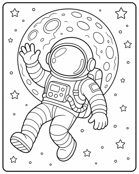Free space & astronauts coloring page example — AI generated line art